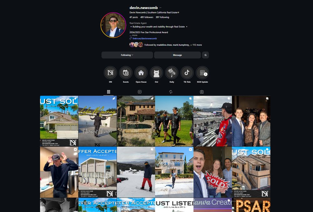 Devin Newcomb's real estate Instagram, @devin.newcomb